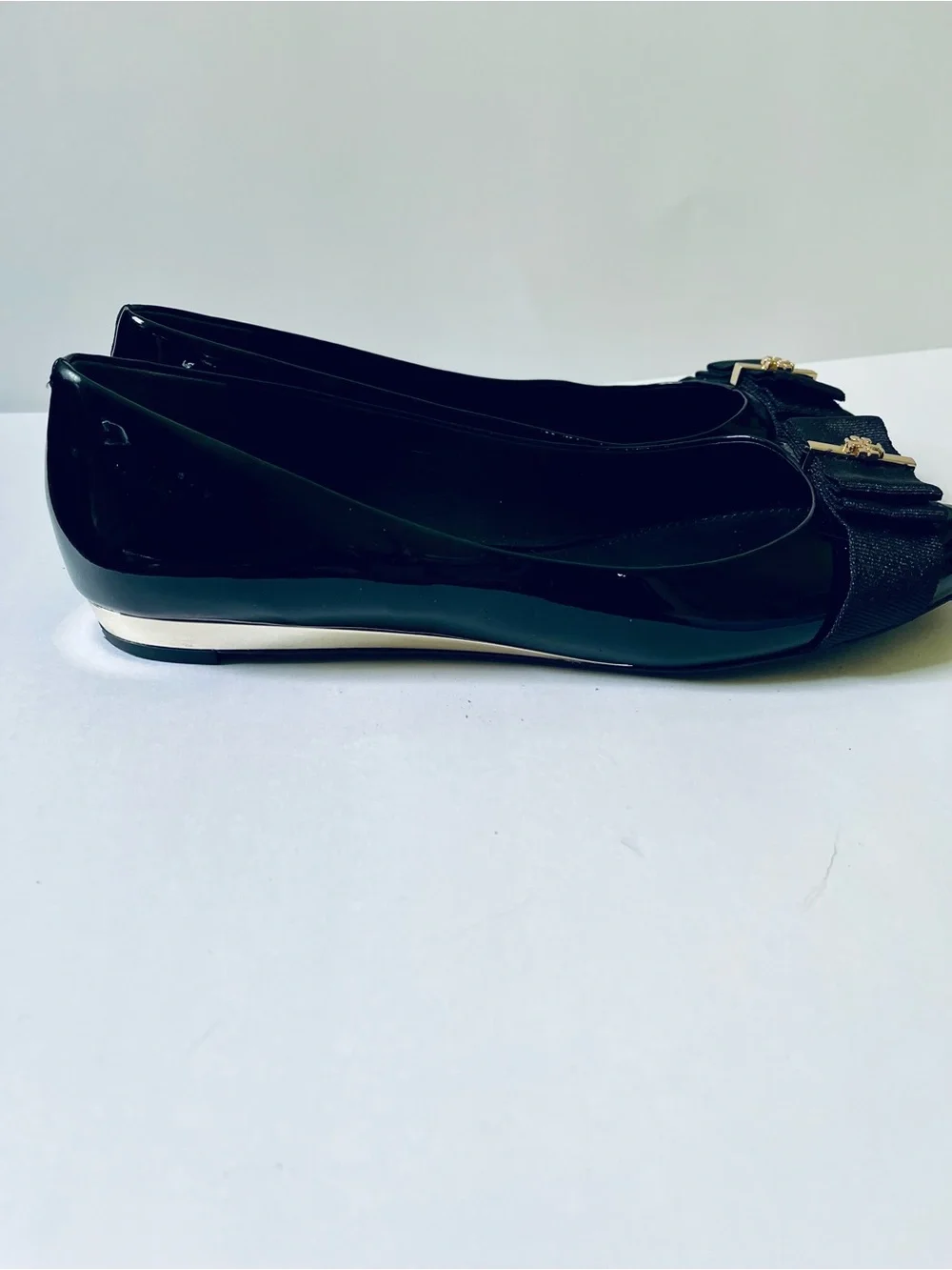 Tory Burch Trudy Black Patent Leather Peep-Toe Bow Flats - Size 10.5 M